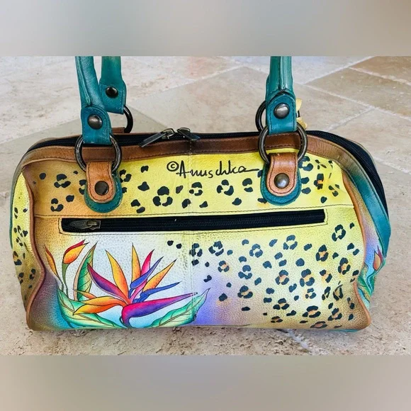 Anuschka Hand Painted Leather Leopard Wide Organizer Satchel - Picture 3 of 8